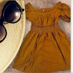 Old Navy women's mini dress, size M, brown, puffed sleeves, square neckline,